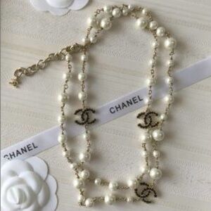 CHANEL Gold and White Necklace with Iconic CC Charms